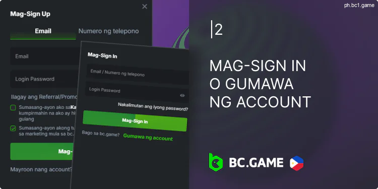 Mag-log in sa iyong kasalukuyang BC.Game account o gumawa ng bagong account