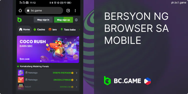 Mobile na bersyon ng BC.Game browser