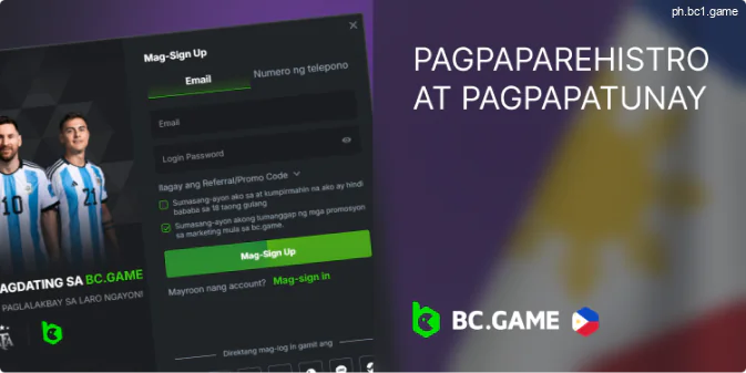 Pagrerehistro ng bagong user sa BC.Game Philippines