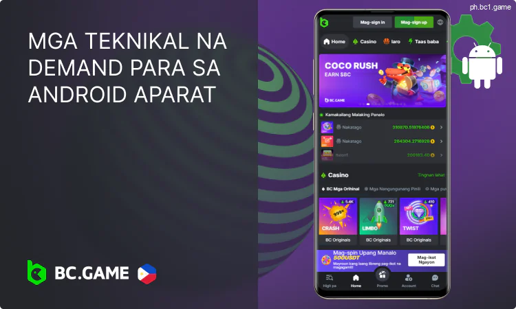 Mga teknikal na kinakailangan para sa BC.Game application para sa mga Android device