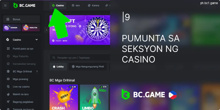 Buksan ang seksyong "Casino" sa BC.Game