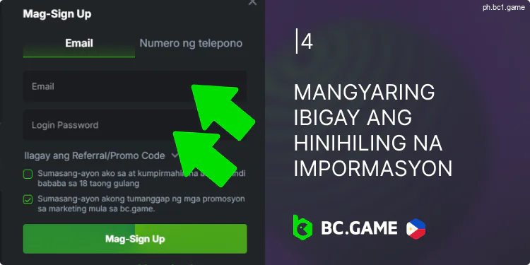 Ibigay ang impormasyong hinihiling sa BC.Game registration form