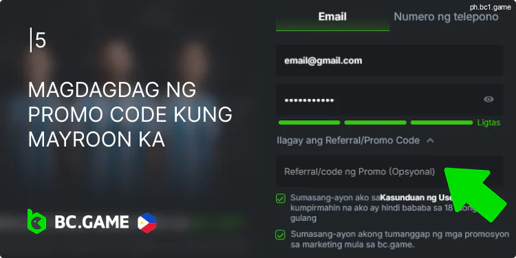 Ilagay ang code na pang-promosyon sa espesyal na field na BC.Game