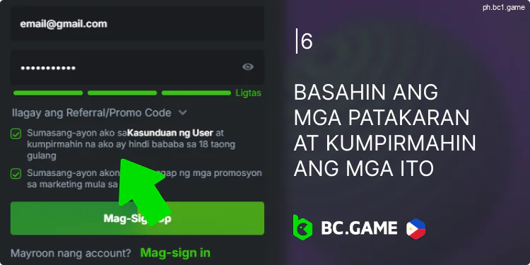 Basahin ang mga patakaran ng BC.Game casino at kumpirmahin ang mga ito sa pamamagitan ng paglalagay ng check sa kahon