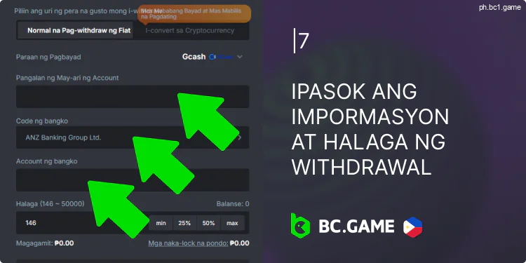 Ilagay ang data na kinakailangan para sa transaksyon ng BC.Game