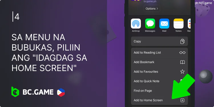 Sa menu na bubukas, piliin ang "Idagdag sa Home Screen"