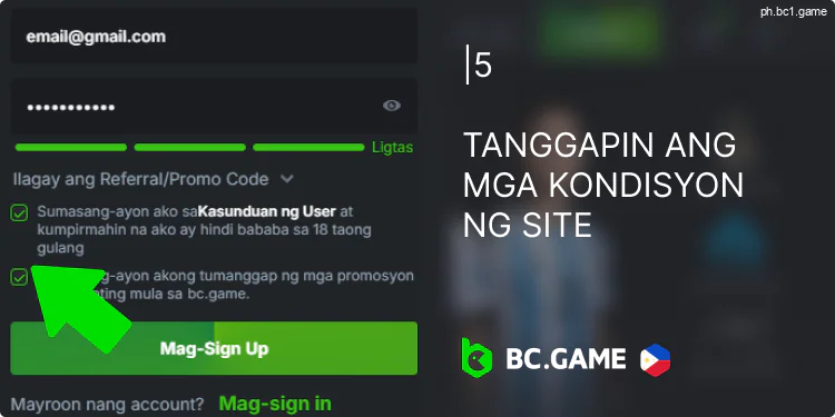 Lagyan ng tsek ang mga kahon upang sumang-ayon sa BC.Game