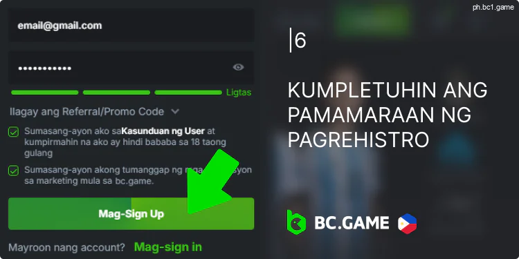 Kumpletuhin ang iyong pagpaparehistro ng BC.Game account